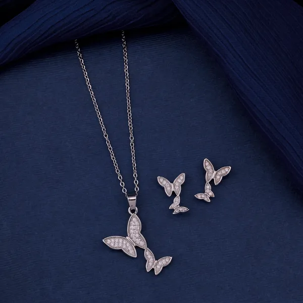 Silver_Plated_Butterfly_Diamond_Pendant_Necklace_And_Earrings_Set_For_Women_And_Girls